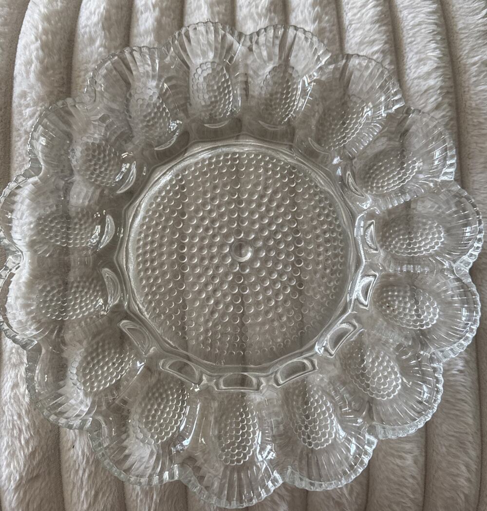 Vintage Indiana Glass Crystal Hobnail Deviled Egg 11” Serving Plate CottageCore